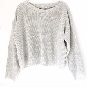 Oversized Gray Embellished  Boatneck Ribbed Sweater Medium